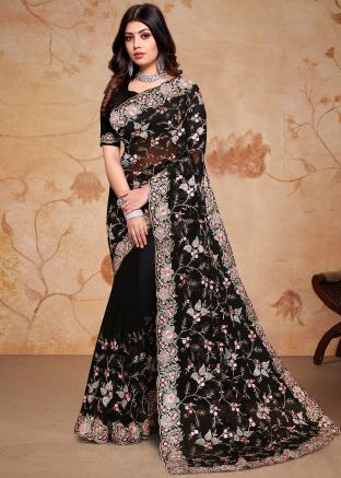 Black Embroidered Saree In Georgette