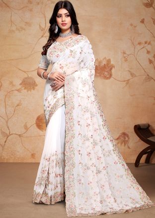 White Embroidered Saree In Georgette