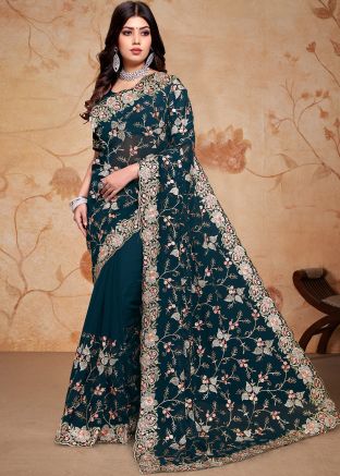 Teal Blue Embroidered Saree In Georgette