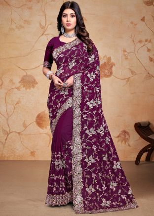 Purple Embroidered Saree In Georgette