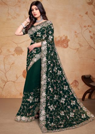 Green Embroidered Saree In Georgette