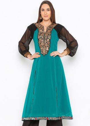 Green Embroidered Asymmetric Slits Style Long Kurta