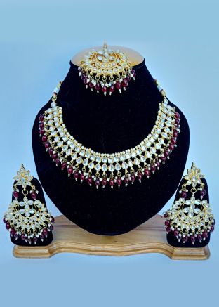 Orange Kundan Studded Neckalce Set 