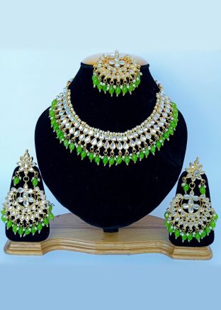 Green Alloy Based Kundan Studded Necklace Set