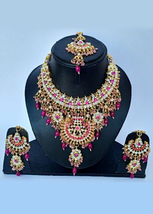 Pink Beaded Alloy Based Necklace Set