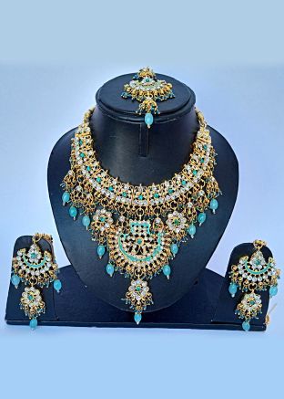 Blue Alloy Based Beaded Necklace Set