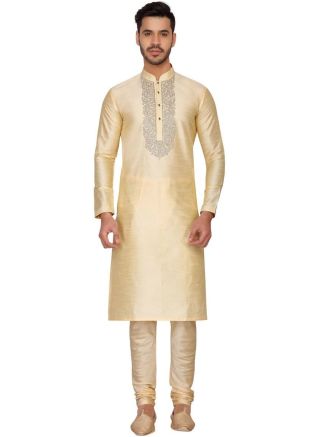 Cream Embroidered Readymade Kurta Churidar Set