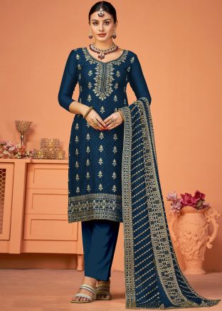 Teal Blue Embroidered Georgette Pant Suit