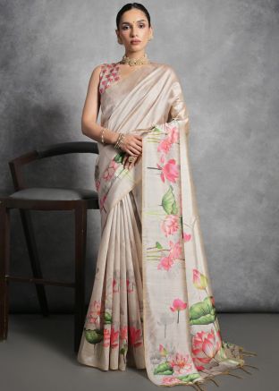 Beige Floral Printed Tussar Silk Saree