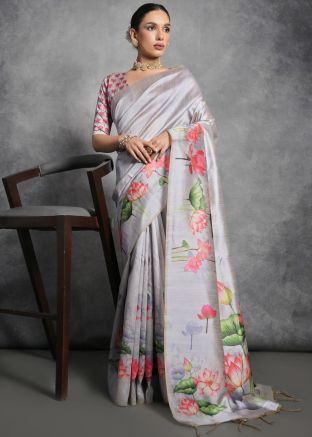 Grey Floral Printed Saree In Tussar Silk