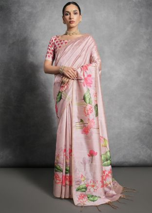 Pink Printed Tussar Silk Saree & Blouse