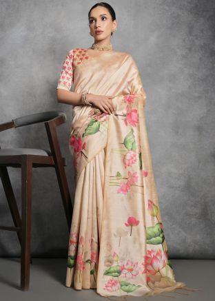 Cream Floral Printed Saree In Tussar Silk