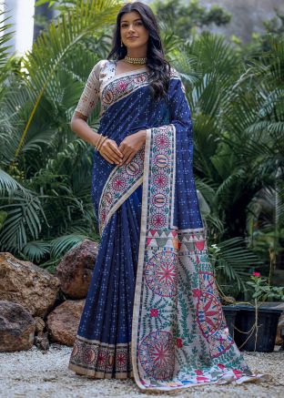 Blue Printed Tussar Silk Saree