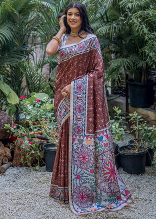 Brown Printed Saree In Tussar Silk