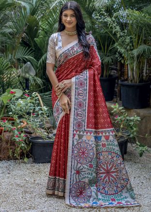 Red Printed Work Tussar Silk Saree