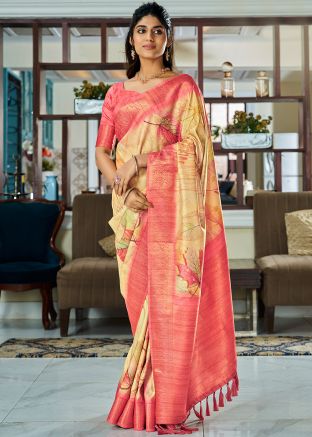 Beige Floral Printed Art Silk Saree