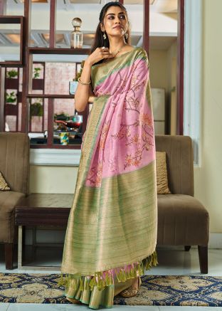 Pink Floral Printed Saree In Art Silk