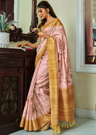 Pale Pink Art Silk Floral Print Saree