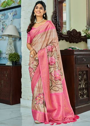Cream Art Silk Saree In Floral Print