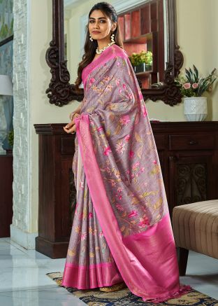 Dusty Grey Floral Print Saree & Blouse