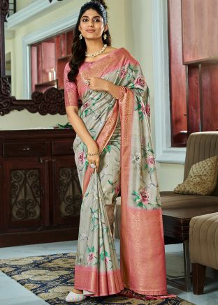 Mint Grey Floral Print Saree