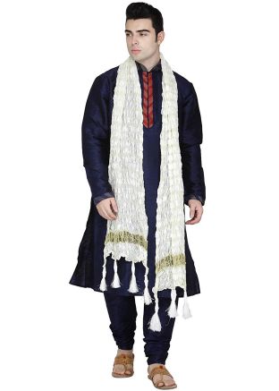 Navy Blue Readymade Dupion Silk Kurta With Churidar