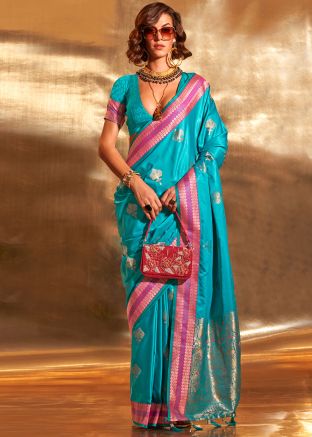 Blue Silk Woven Work Saree & Blouse
