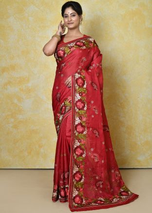 Red Resham Work Saree In Tussar Silk