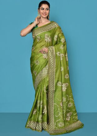 Green Resham Work Saree In Tussar Silk