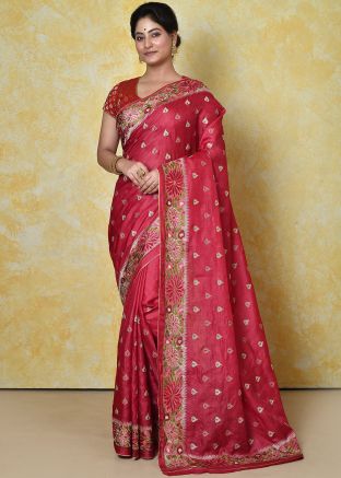 Red Resham Work Saree In Tussar Silk