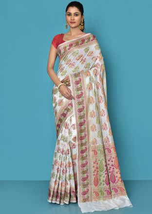 White Zari Woven Saree In Banarasi Silk