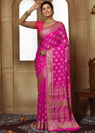 Pink Zari Woven Saree In Art Silk