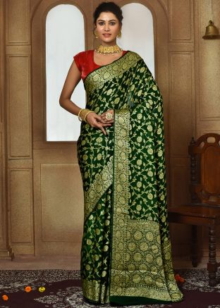 Green Zari Woven Saree In Art Silk