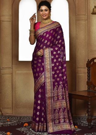 Purple Zari Woven Saree In Art Silk