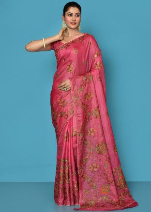 Pink Resham Work Saree In Art Silk