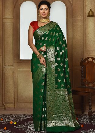 Green Zari Woven Saree In Art Silk