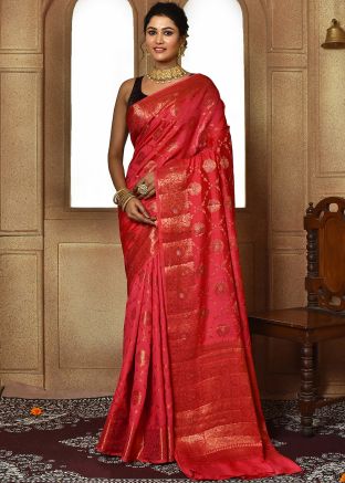 Red Zari Woven Saree In Art Silk