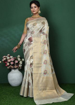 White Zari Woven Saree In Art Silk