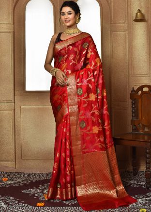 Red Zari Woven Saree In Art Silk