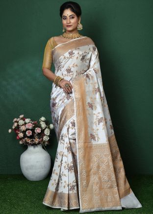 White Zari Woven Saree In Art Silk