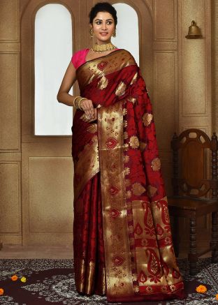 Maroon Zari Woven Saree In Art Silk