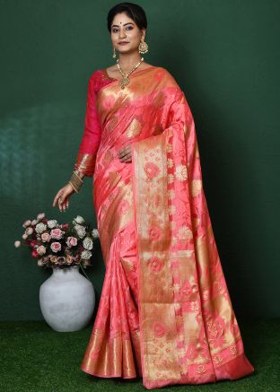 Pink Zari Woven Saree In Art Silk