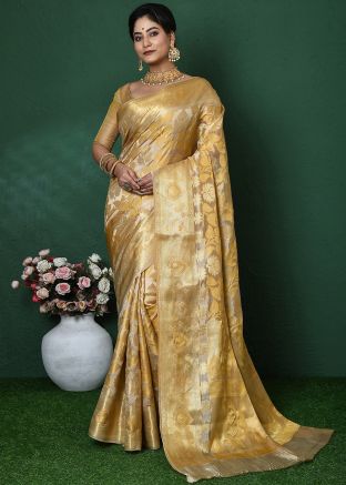 Golden Zari Woven Saree In Art Silk