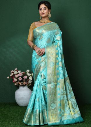 Turquoise Zari Woven Saree In Art Silk