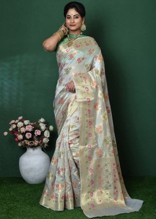 White Zari Woven Saree In Art Silk