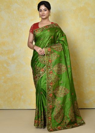 Green Resham Work Saree In Art Silk