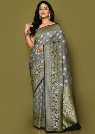 Grey Zari Woven Saree In Banarasi Silk