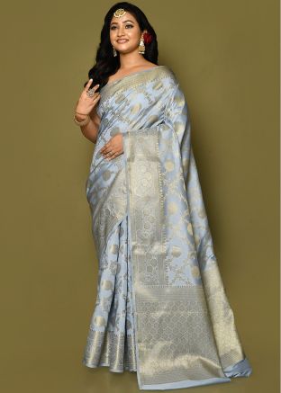 Blue Zari Woven Saree In Banarasi Silk