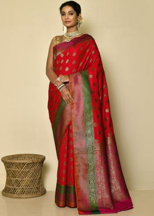 Red Zari Woven Saree In Banarasi Silk
