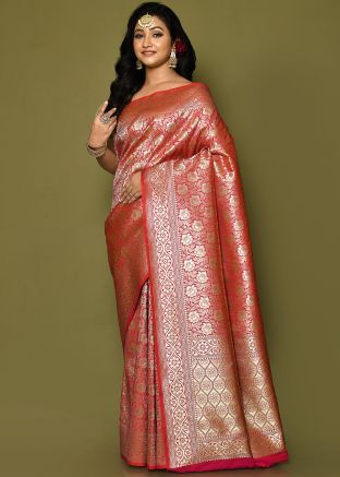 Red Zari Woven Saree In Banarasi Silk
